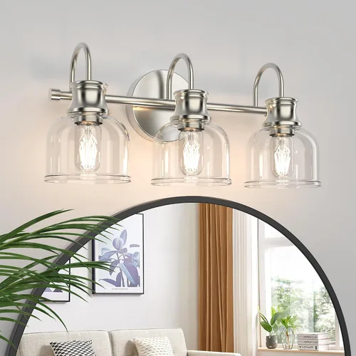 Lámpara de tocador de baño de 3 luces, níquel cepillado, tradicional, clásica, con vidrio transparente, accesorios de iluminación de baño sobre