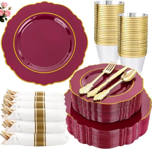 Miniatura 11 de Liacere 350 platos de plástico dorados, platos desechables blancos y dorados, vajilla de plástico barroco para 50 invitados, incluye 100 platos, 50