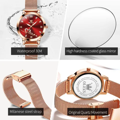 Miniatura 6 de OLEVS - Reloj de oro rosa para mujer con correa de malla, estilo de moda, diseño de corazones, de cuarzo japonés, resistente al agua, luminiscente