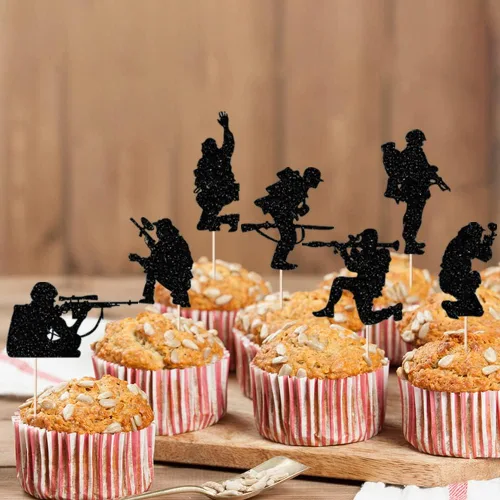Miniatura 6 de Decoración para tartas de soldado con temática militar, 12 vasos de papel con purpurina negra, Día del soldado, veteranos, cumpleaños de hombres