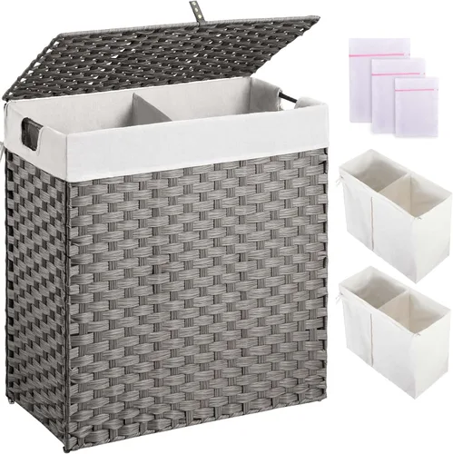 Miniatura 20 de Greenstell Cesta para la ropa sucia con 2 bolsas de forro extraíbles – Cesta de ropa dividida de 90 L, cesta de lavandería plegable de ratán Gris