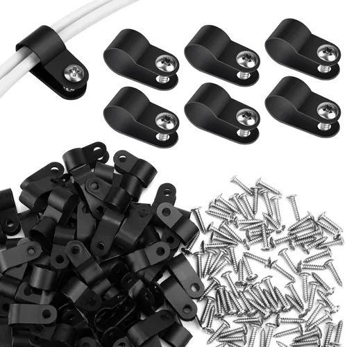 RGBZONE 120pcs 1/2" Black R-Type Cable Clips with Screws | Nylon Plastic Wire Clips for Indoor Outdoor Electrical Wire Cord Management (13.2mm, 1/2")
