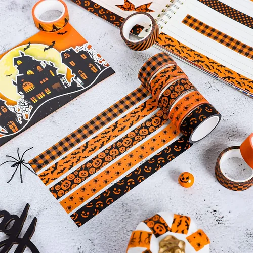 Miniatura 5 de Whaline 12 rollos de cinta Washi de Halloween, naranja y negro, calabaza, araña, murciélago, bruja, sombrero de bruja, cinta adhesiva de 0.591 in