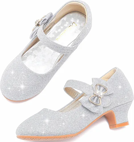 Miniatura 2 de Dufannie Zapatos de vestir para niñas, zapatos de tacón bajo de princesa, zapatos planos con purpurina para bodas y fiestas