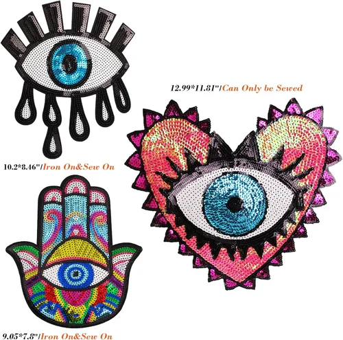 Miniatura 2 de 3 parches de lentejuelas de ojo malvado para coser/planchar, gran bordado decorativo con kit de costura para ropa, chaqueta, mochila, sombrero