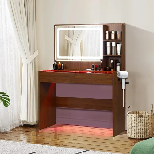 Escritorio de tocador con espejo y luces, escritorio transparente, mesa de maquillaje con múltiples luces ambientales de colores, tocador con