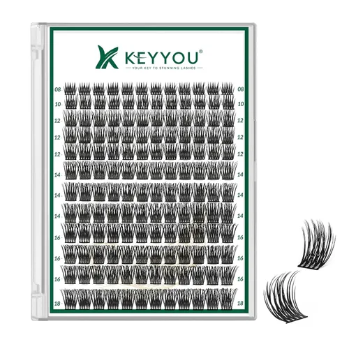 Miniatura 97 de KEYYOU Racimos de pestañas, 96 piezas de extensiones de pestañas DIY, rizado D de 16 mm, negro, realista, no irritante, fácil de colocar en casa