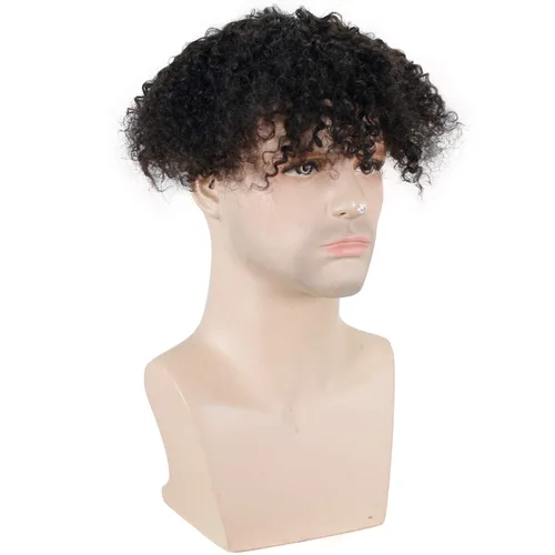 Toupee para hombre, cabello humano 100% Remy, color negro natural, rizado, tupé para hombres, piel fina, red mono con poliuretano alrededor del