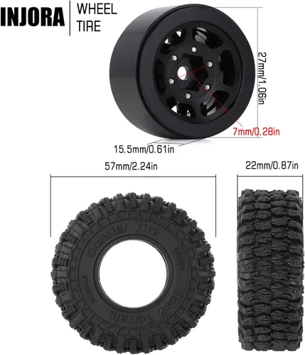 Miniatura 5 de INJORA 1.0 Rueda Beadlock S5 Neumáticos Crawler Super Blandos y Adhesivos para TRX4M Axial AX24 SCX24 FCX24 Enduro24 Upgrade, 57 * 22mm (Negro)