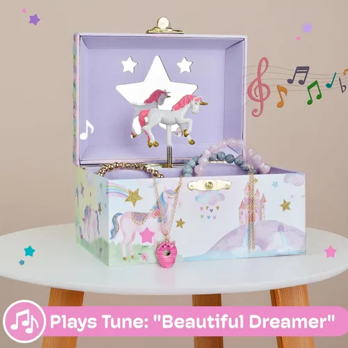 Miniatura 4 de Jewelkeeper - Joyero musical para niñas con unicornio giratorio, caja de música con diseño de arcoíris y estrellas con purpurina para collares