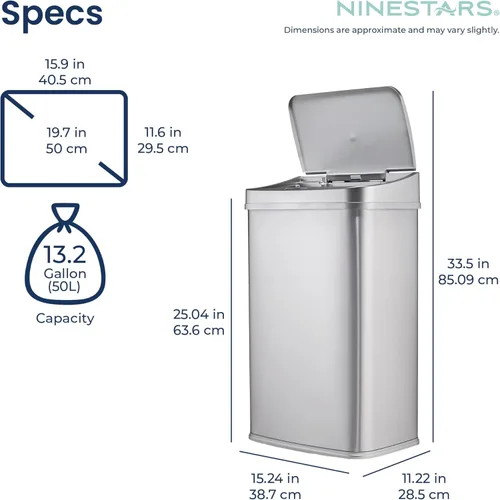 Miniatura 5 de Ninestars Bote de basura rectangular con sensor de movimiento automático sin contacto de 13.2 galones, 50 L, plateado, 13 galones, 50 L, borde Borde
