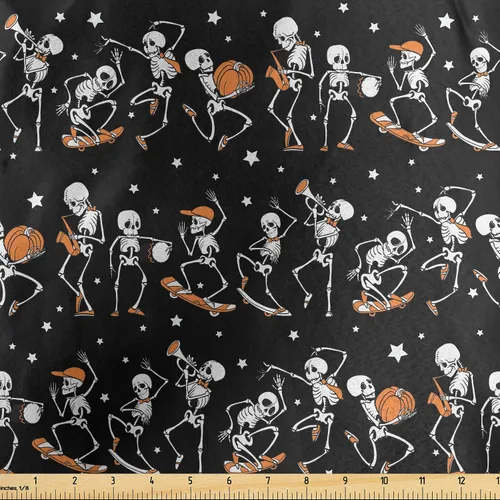 Miniatura 68 de Ambesonne The Yard, tela de calavera colorida con temática de Halloween, diseño de calavera y huesos cruzados, divertido estampado de dibujos