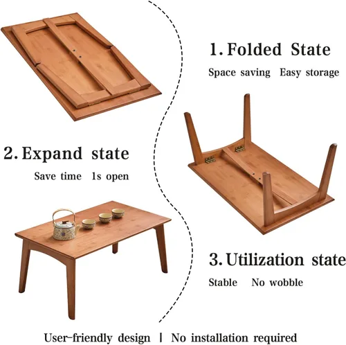 Miniatura 9 de JIKUGO Mesa de piso japonesa no requiere montaje, mesa de café plegable de bambú de nogal para dormitorio, 26 x 15.8 x 11.8 pulgadas, muebles