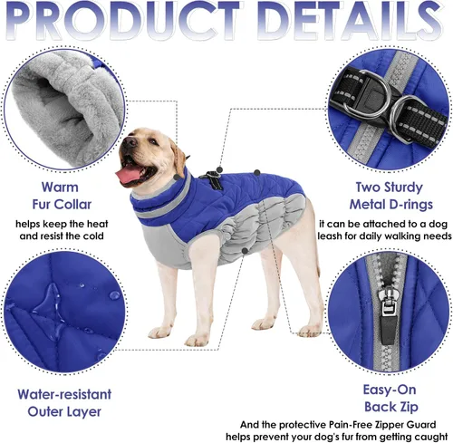 Miniatura 3 de AOFITEE Abrigo para perro, chaquetas cálidas para perros grandes, abrigo reflectante de cuello alto para perros con arnés integrado, impermeable