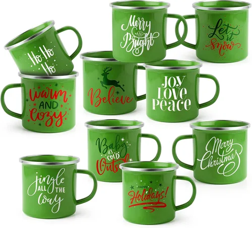 Miniatura 9 de Uiifan 10 Piezas Tazas de Esmalte de Navidad a Granel Lindas de 12 oz Acero Galvanizado Festivas Divertidas Novedosas Taza de Café Feliz Navidad