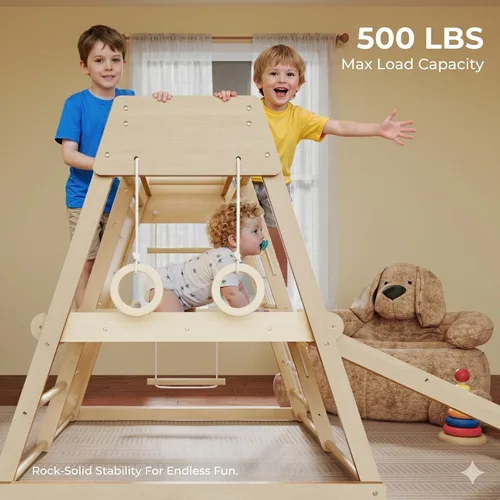 Miniatura 4 de Gimnasio de la selva para interiores para niños pequeños de 1 a 4 años, juego de escaladores de madera Montessori con tobogán, red de escalada