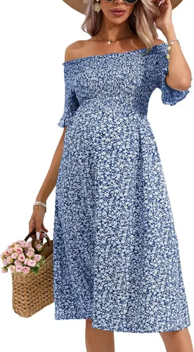 KOJOOIN Women's Maternity Short Sleeve Summer Midi Dress Off Shoulder Smocked Spring Casual Boho Dress Baby Shower Photoshoot