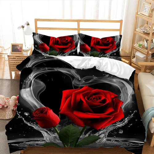 Miniatura 20 de AILONEN - Juego de funda de edredón tamaño individual, diseño de corazones para parejas, juego de ropa de cama rojo y negro, diseño "Yo y tú", juego