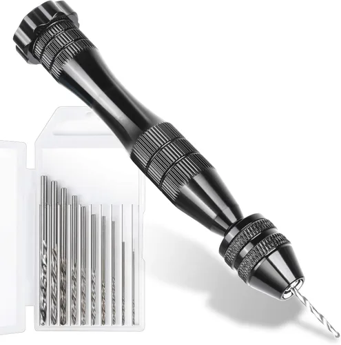 LEOBRO Taladro manual para moldes de resina, tornillo de banco de 12 cm negro con 10 piezas de brocas de acero (0.8-3mm), para taladrar agujeros en