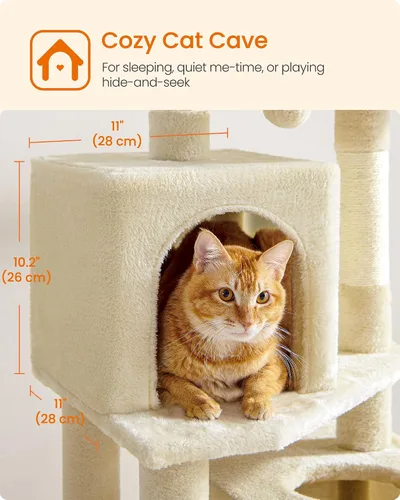 Miniatura 6 de Feandrea - Árbol para gatos de varios niveles para interiores, torre para gatos tipo condominio con 4 postes para rascar, 2 posaderos, hamaca y Beige