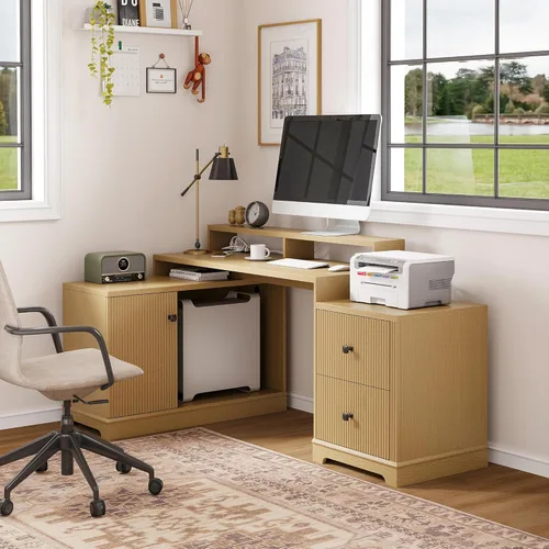 Miniatura 3 de 67" L Shaped Executive Desk with Drawers & Storage Shelf, Corner Computer Desk with Power Outlets, Home Office Desk with Monitor Stand, Printer