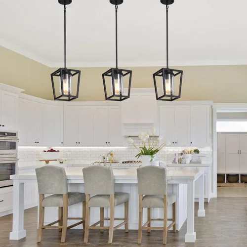 Miniatura 2 de SGLfarmty Luces colgantes negras para isla de cocina, 1 luz moderna de granja, jaula de metal ajustable, lámpara colgante con pantalla de vidrio