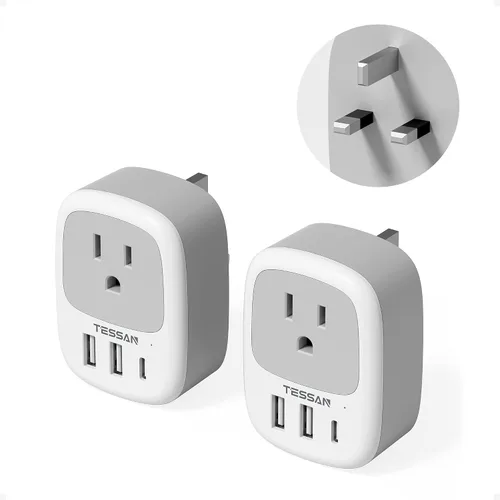 TESSAN Ireland - Paquete de 2 adaptadores de enchufe para viajes, adaptador de enchufe TESSAN Irlanda con 3 puertos USB (1 USB C), toma de corriente