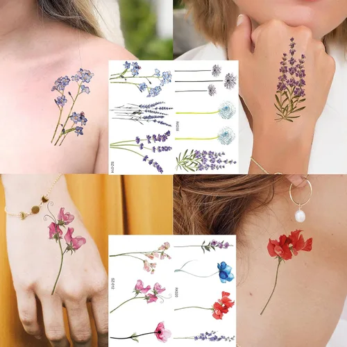 Miniatura 4 de COKTAK Lavander Tatuajes temporales de colibrí de flores.