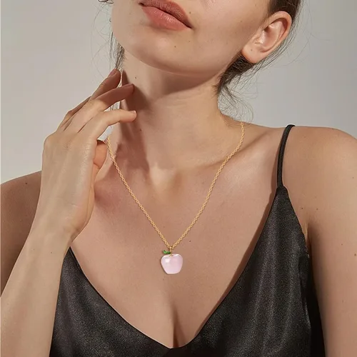 Miniatura 5 de ZPMMPZ Collar de manzana, collar de cuarzo rosa, collar de cuarzo rosa manzana, collar con colgante de manzana de cristal rosa para mujeres y niñas