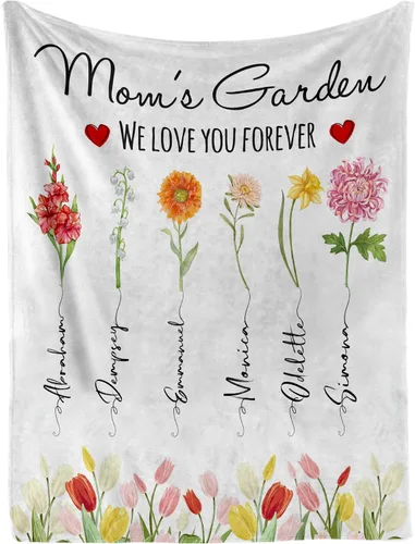 D-Story BK-01 - Manta personalizada de jardín para mamá con nombres de niños, manta de jardín personalizada para abuela, manta de flores