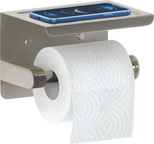 Soporte de papel higiénico de níquel cepillado con estante, montaje en pared de acero inoxidable SUS304, adhesivo de doble instalación o tornillo,