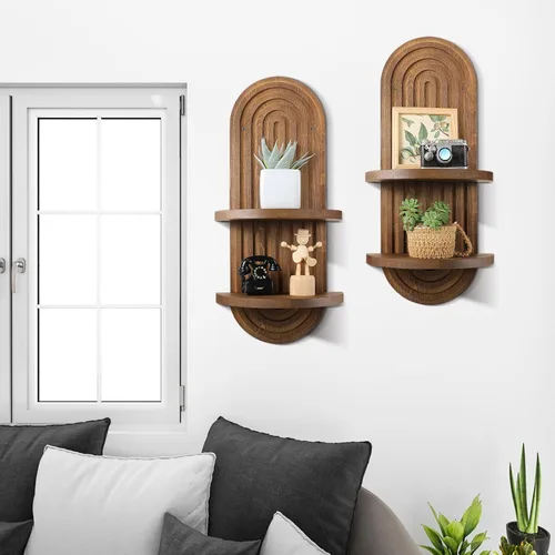 Miniatura 2 de Wenqik 2 Piezas Estante de Pared Boho Arco Iris Estante Flotante de Madera Soporte Colgante Bohemio de Mediados de Siglo Doble Vintage Montaje