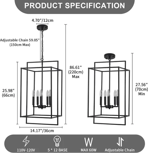 Miniatura 6 de Candelabro negro de granja, accesorios de iluminación de vestíbulo extra grande de 14.17 pulgadas, lámpara colgante de linterna industrial