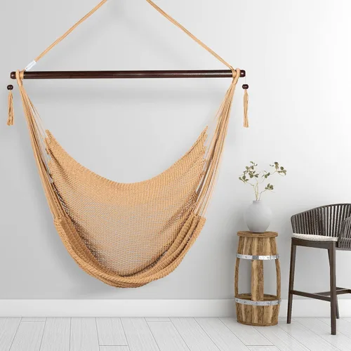 Miniatura 3 de Larga silla hamaca grande caribeña con reposapiés, 48 pulgadas, poliéster, silla de colgar., Bronceado Moca