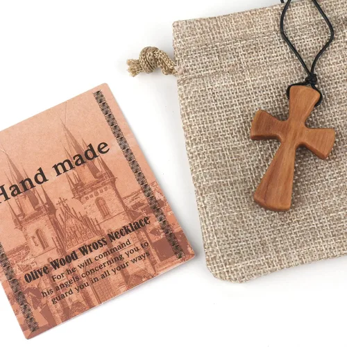 Miniatura 6 de Collar con colgante de cruz de madera natural tallada a mano para hombres y mujeres