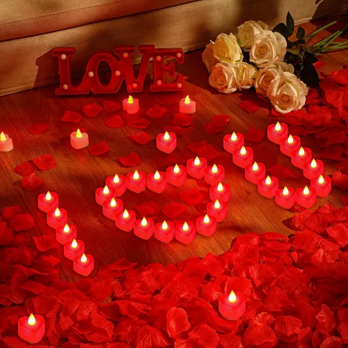 Miniatura 3 de VIHOSE 4000 pétalos de rosa artificiales con 24 velas LED de té, velas LED sin llama, pétalos de rosa falsos para bodas, fiestas de cumpleaños
