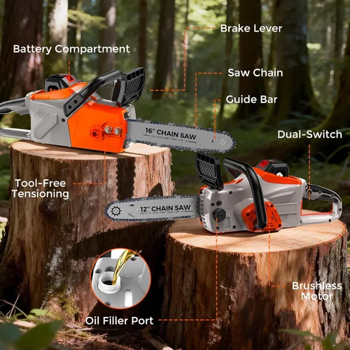 Miniatura 8 de Motosierra eléctrica inalámbrica de 16 pulgadas, motosierra eléctrica inalámbrica con 2 baterías y cargador. Sierra de cadena sin escobillas