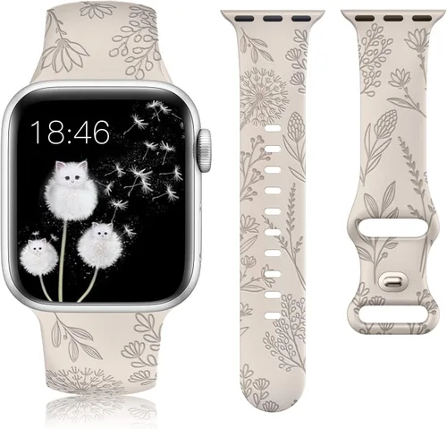 Minyee - Correa floral grabada compatible con Apple Watch de 41mm 40mm 38mm 42mm 44mm 45mm 46mm 49mm para mujeres, correa deportiva de silicona Luz