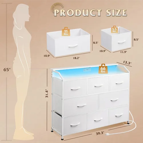 Miniatura 3 de WLIVE Cómoda LED para dormitorio, Cómoda Blanca Soporte de TV para Dormitorio con Luces LED y Toma de Corriente, Cómoda Ancha de Cajones para Blanco