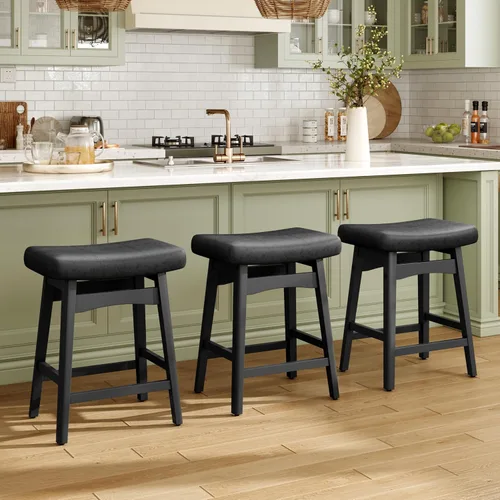 Miniatura 14 de MAISON ARTS Juego de 4 taburetes de bar grises para encimera de cocina, patas de madera maciza con asiento de silla de montar de piel sintética