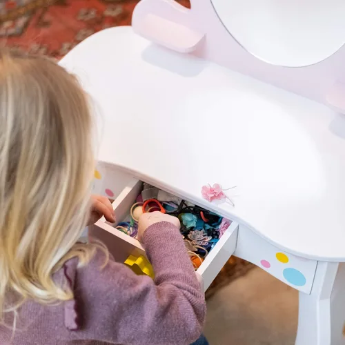 Miniatura 3 de Fat Brain Toys Unicorn Magic Vanity con espejo y taburete, juego de madera, 3+