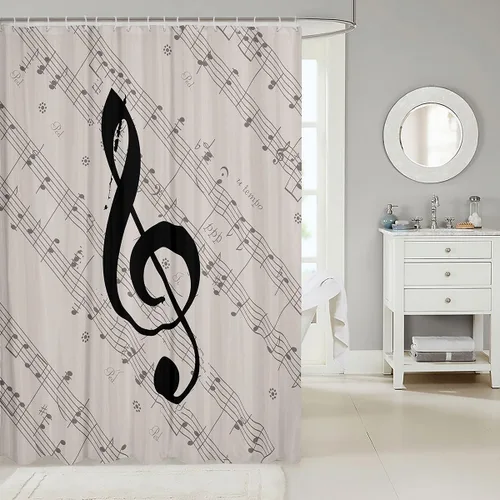 Miniatura 2 de Cortina de baño con estampado de notas musicales para baño, cortina de ducha temática de música, instrumentos retro, juego de cortina de ducha