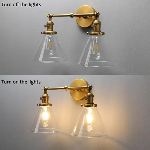 Miniatura 6 de PERMO Apliques de pared dobles vintage industriales dorados de 2 luces con sombra de vidrio transparente acampanado estilo embudo, apliques de pared