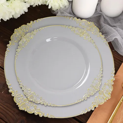 Miniatura 11 de Tableclothsfactory Paquete de 10 platos redondos de plástico barroco dorado de 8 pulgadas para ensalada de postre, vajilla desechable con borde