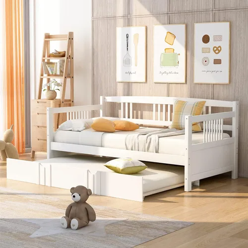 Miniatura 17 de Merax Sofá cama con cama nido, soporte de listones de madera, sofá cama moderno para sala de estar con rieles, tamaño completo, gris
