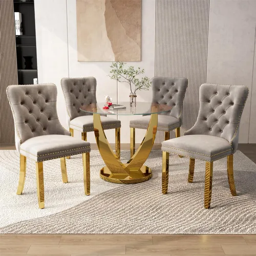 Miniatura 18 de Juego de mesa de comedor redonda de vidrio de 38.9 pulgadas para 4, mesa de cocina redonda dorada con 4 sillas decorativas de terciopelo tapizadas
