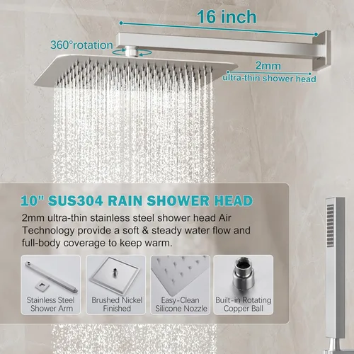 Miniatura 3 de Sistema de Ducha de Níquel Cepillado, Conjunto de Grifería de Ducha con Cabezal de Ducha de Lluvia de 10 Pulgadas y Rociador Manual, Conjunto