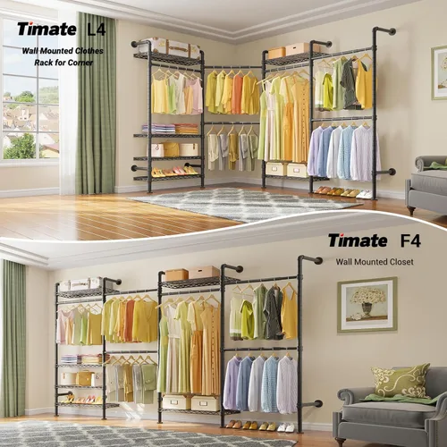 Miniatura 2 de Timate F4 Perchero de ropa montado en la pared, estante de ropa de tubo industrial para colgar ropa, estante de ropa expandible y resistente, Negro