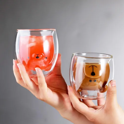 Miniatura 2 de Binoster Tazas Lindas de Oso Kawaii de Vidrio de Doble Pared para Café y Té, Taza de Yogur Divertida, Regalo Novedoso para Mujeres, Sus Amigas