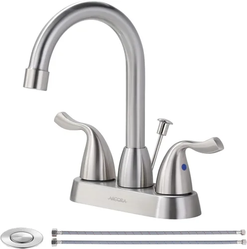 ARCORA Grifo de baño moderno de 2 manijas níquel cepillado, grifo de baño centerset de 4 pulgadas con ensamblaje de drenaje y mangueras de